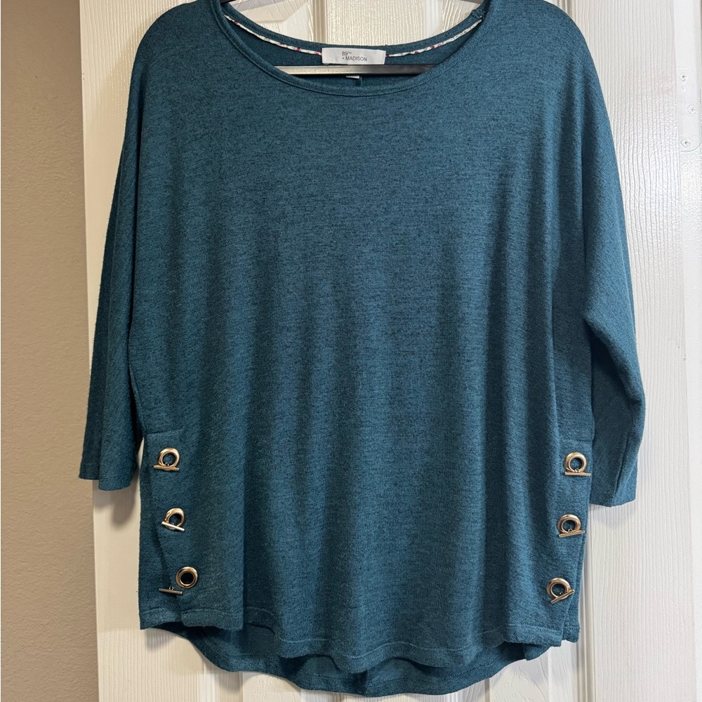 $5 SALE 89th & Madison teal sweater. Embellishment on the sides. 3/4 sleeves.